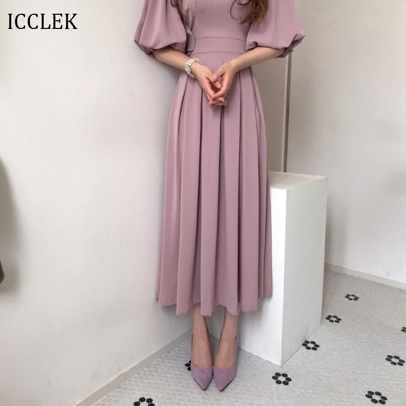 

New 2021 Summer Dress Loose O Neck Lantern Sleeve Chiffon Solid Dress Female Maxi Dress Korean One-Piece Fashion Women'S Dress