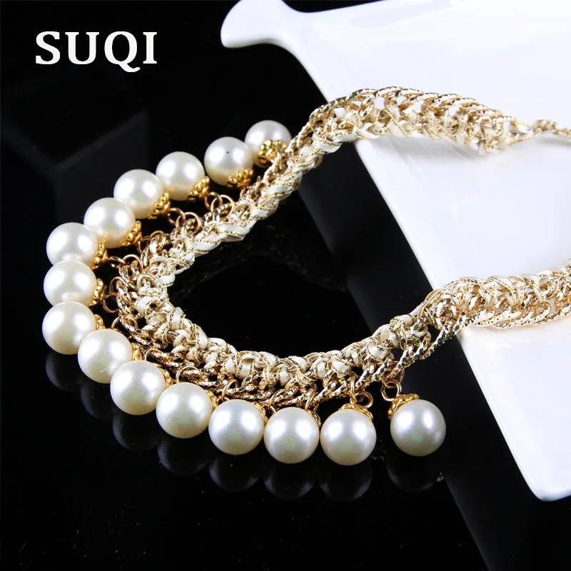 SUQI new Handmade imitation pearl Necklace Women Choker Dress Bride banquet gold Necklaces Pendants Femme Chain Collar jewelry | Украшения