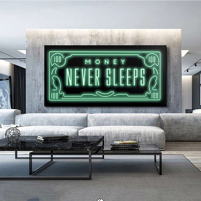 

Motivational Quotes Money Never Sleep Canvas Painting Nordic Poster and Prints Inspirational Wall Art Picture Office Decoration