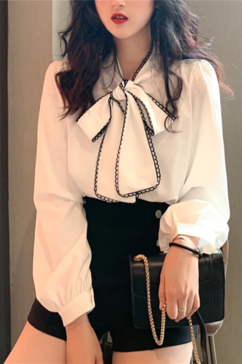 

Spring 2021 New Retro Lace Up Large Bow Shirt Korean Women's Loose Long Sleeve Top Chic