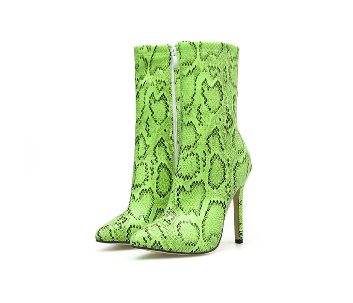Meilikelin2020 Women High Heels Boots Fetish Stripper Green Serpentine Zip Stiletto Ankle Autumn Snake Print Shoes | Обувь