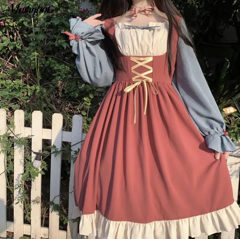 

Mothybot High-Quality Classical Style Long Dress Red And Blue Stitching Long-Sleeved Tie-In-Line Collar Cute Girl Minimalist