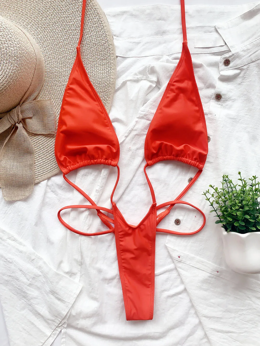 

Sexy Thong Swimwear Women One Piece Swimsuit Female Halter Bathing Suit Hollow Out Monokini Swimming Suit Beach Red MOS03clo