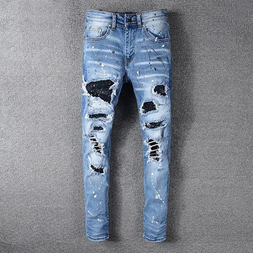 

Men Slim jeans denim trousers Men's black embroidered ripped jeans holes patchwork stretch denim pants Skinny jeans for man 605