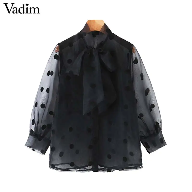 Vadim женская черная блузка в горошек из органзы прозрачный галстук-бабочка рукав