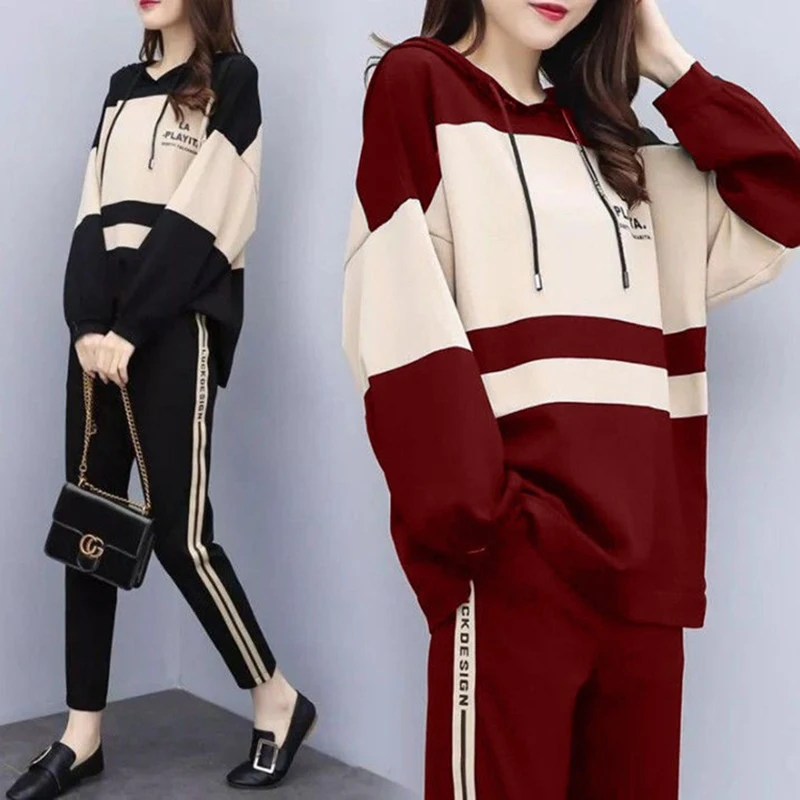 

Casual Suit Autumn Plus Size Hooded Round Neck Top Nine-point Pants Sets Two-piece Women Sweatsuit Blouses Graphic T Shirts Hot