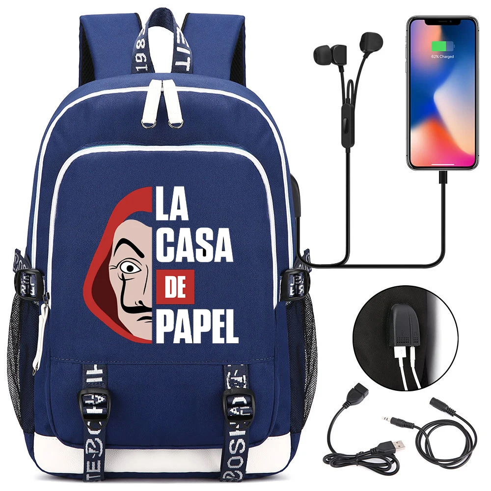 

La Casa De Papel Money Heist House of Paper Teenager USB Charging Laptop Backpack Women Men Rucksack Bag Mochila Travel Bag
