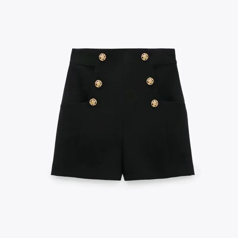 

Women Chic Fashion Golden Metal Button-Up Shorts High Waist Slim Female Short Black Sexy Office Lady Suit Summer Autumn