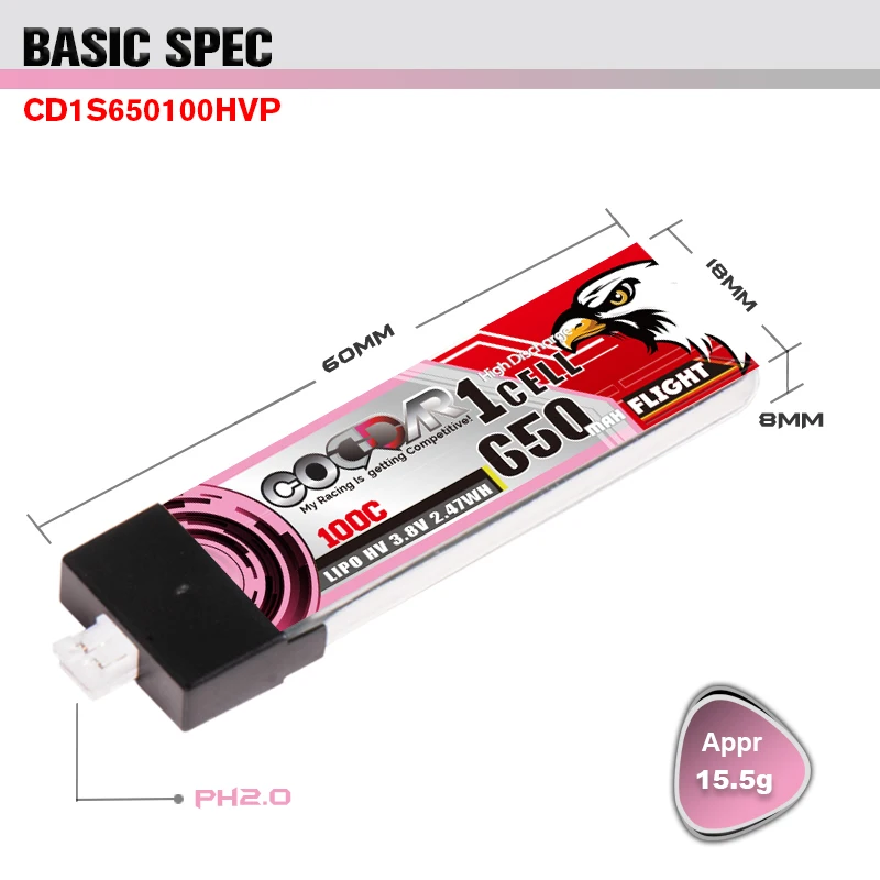 

5PCS CODDAR 1S 3.8V 650mAh 100C PH2.0 Plug HV Lipo Battery for UK65 US65 Happymodel Mobula7 Beta95X Snapper BetaFPV 65S Drone