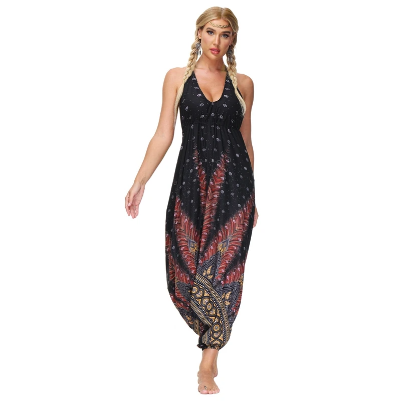 

OneLineFox Women's Harem Hippie Pants Boho Clothing Soft Light Baggy Elastic Waist Legged Sports Yoga Jumpsuit Lantern Pants