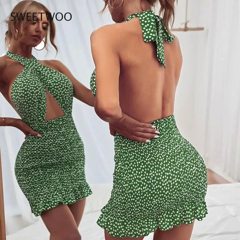 

Женское ажурное мини-платье с цветочным принтом, открытой спиной и лямкой на шее