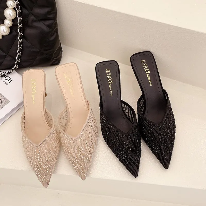 

Summer Slippers Women Shoes Pointed Woven High Heels Fashion Women Heels Stilettos Mules Loafer Casual Feminine Sandalias Shoes