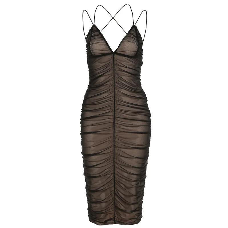 

Summer Sexy Suspenders Bodycon Dress Mesh Pleated Tight-fitting Dress Solid Color Beach Party Fashion Woman's Street Outfit