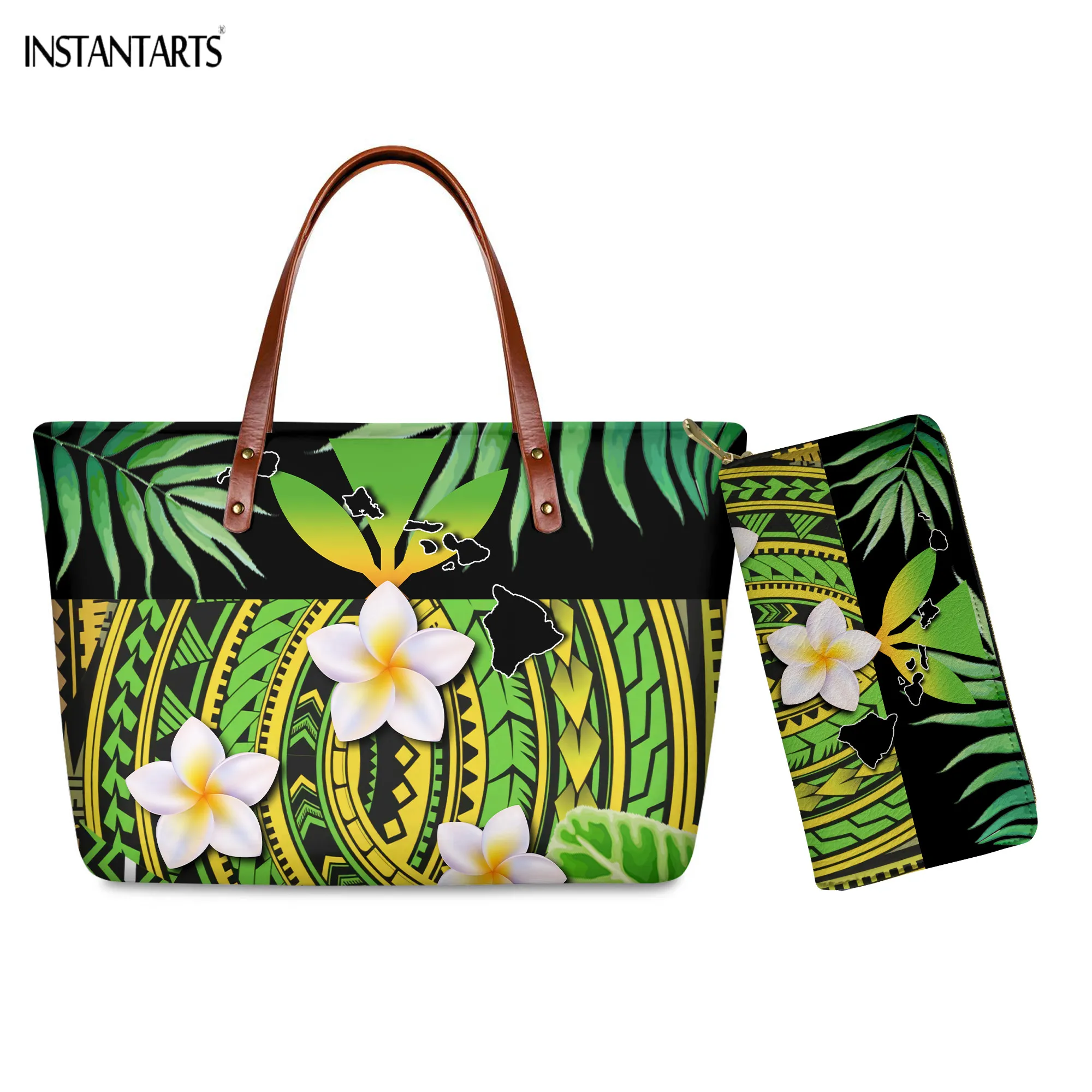 

INSTANTARTS Hawaiian Samoan Plumeria Leaves Pattern Women Handbags Large Top-handle Bag Sets Female Travel Shoulder Bags Bolsa