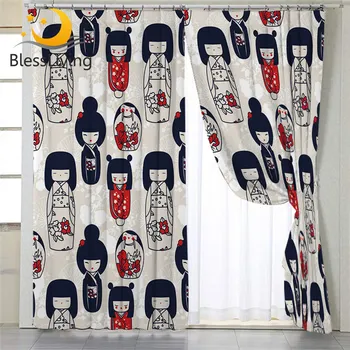 Blessliving Japanese Dolls Curtain for Living Room Kokeshi Bedroom Curtain Sakura Flower Window Treatment Drapes cortinas 1pc 1