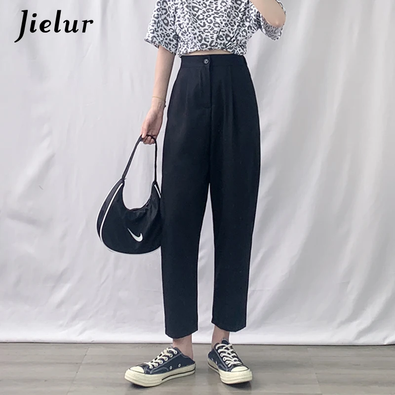 

Jielur Solid Color Trousers Women High Waist New Summer Pants Elastic Waist Chic S-5XL Pantalon Femme Pants Roupas Loose Slim