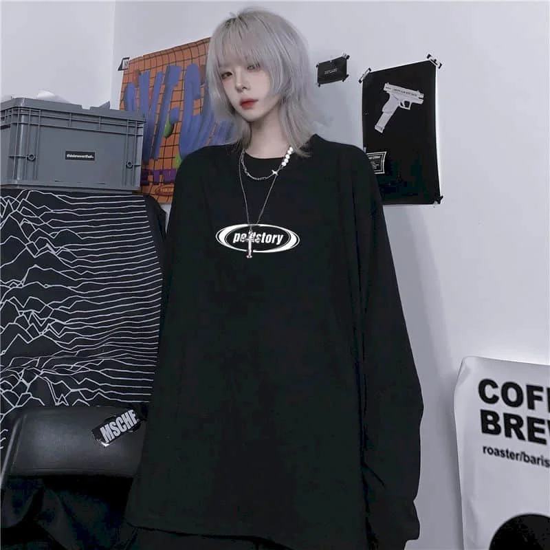 

Long-sleeved Tshirt Women T Shirt Autumn New Korean Loose Ins Harajuku Printing Black T-shirt Student Streetwear Women Top Goth