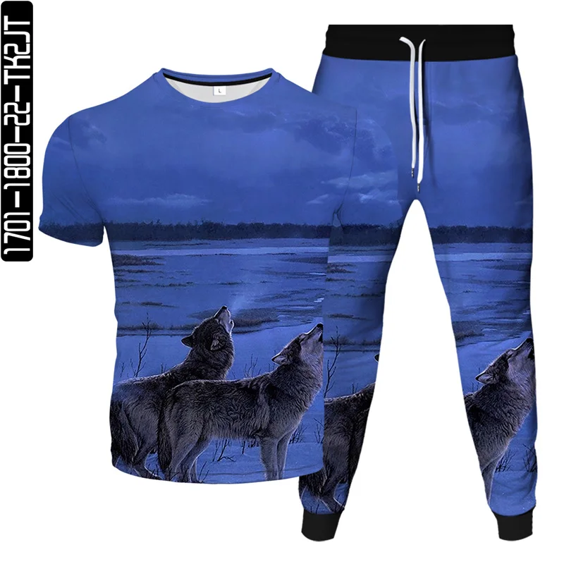 

2021 spring and summer new wolf 3D printed animal T-shirt + trousers fashion suit sports and leisure two-piece trend