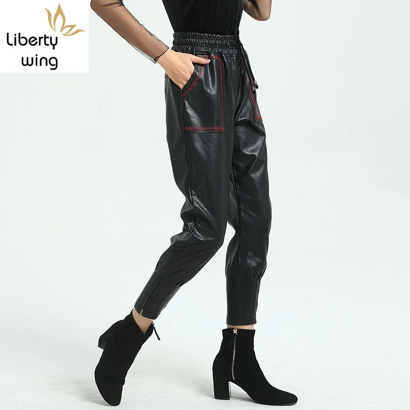 Fashion Women Elastic Joggers High Quality Pu Leather Hight Waist Boyfriend Style Harem Pants Casual Trousers Female