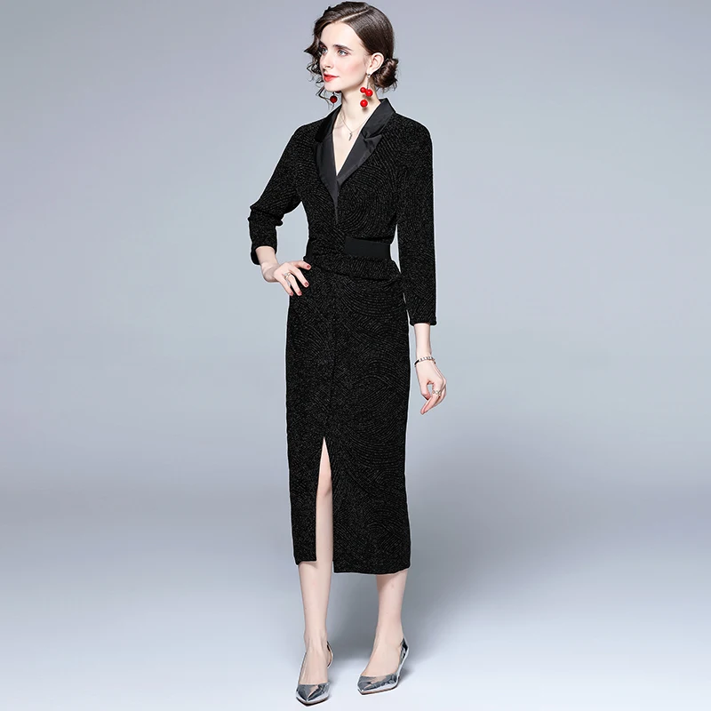 

Winter Contrast Color Split Brigh Silk Office Lady Dress Women Long Sleeve Notched Knit Patchwork Sweater Black Dress K550