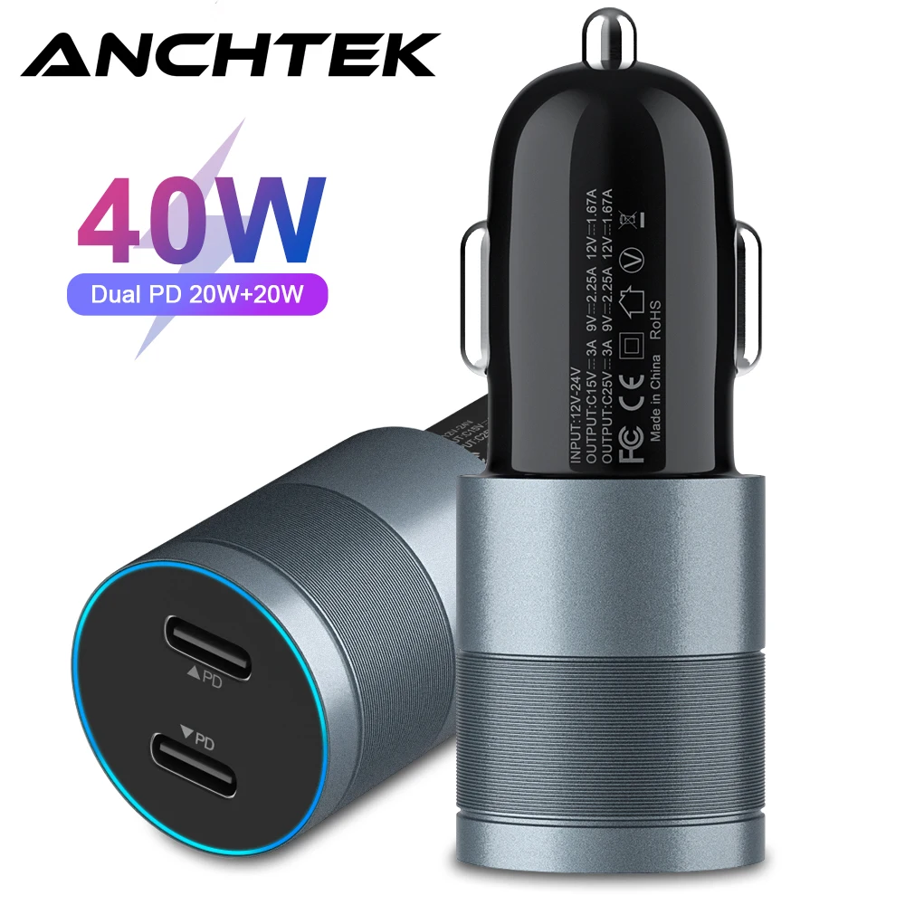 

Anchtek 40W Dual PD Car Charger QC4.0 Quick Charge 2 Ports Charger for Iphone Samsung Xiaomi Huawei Car Charger Power Adapter