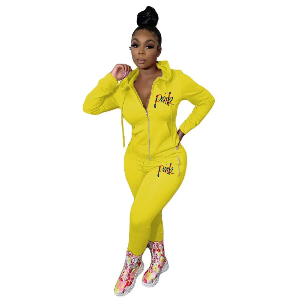 

Fall 2020 new fashion solid color lettered sports suit slim fit V-neck zipper long sleeve jacket and Pants Set