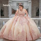 Блестящие Розовые золотые платья Quinceanera 2022 женское бальное платье размера плюс элегантное вечернее платье для милой принцессы 15 лет