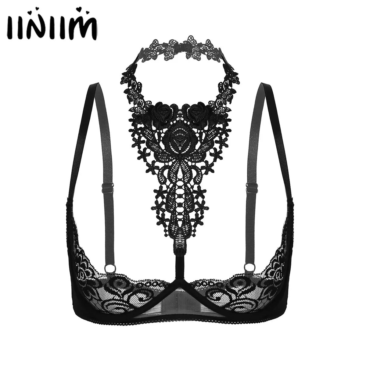 

Womens Ladies See-through Floral Lace Underwired Unlined Bra Tops Halter Bare Breast Underwear Lingerie Exotic Tanks Crop Tops