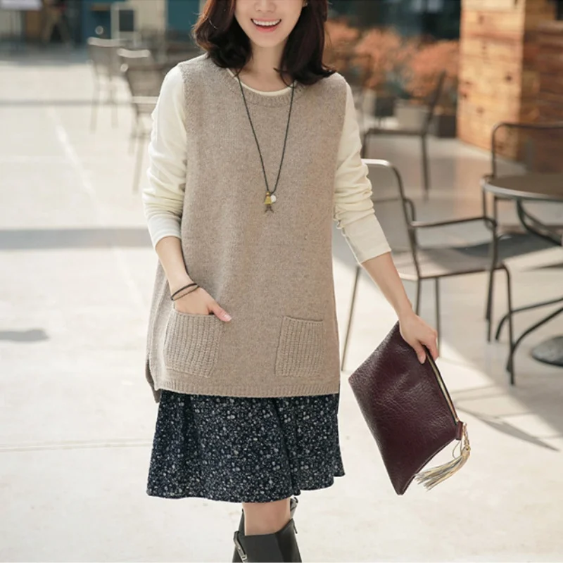 

Spring And Autumn New Cashmere Knit Vest Woman Vest Camisole Long Sleeveless Sweater Women Loose Thick Coat Befree Harajuku