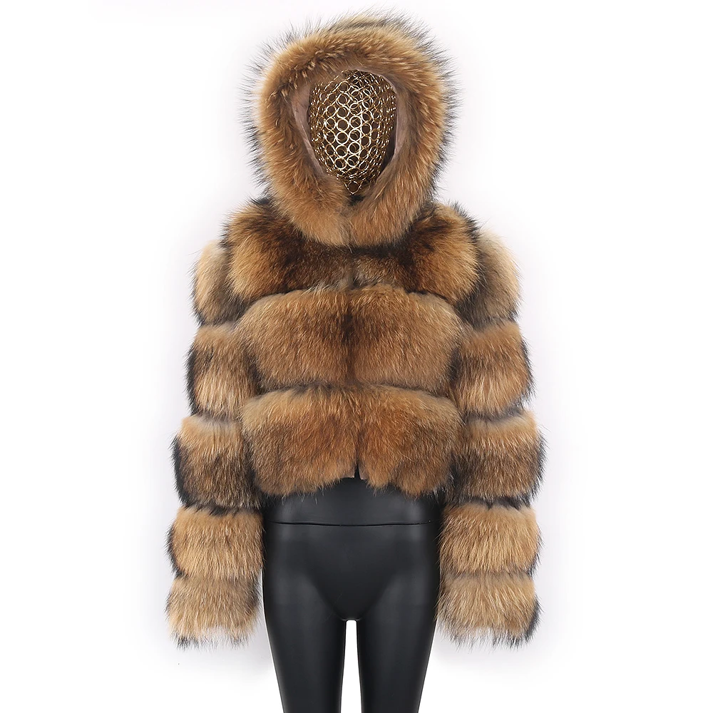 Annsirgra Women Winter Real Raccoon Fur Coat Long Sleeve Detachable Natural Fur Vest Gilet Hood Removable Fashion Brand Luxury