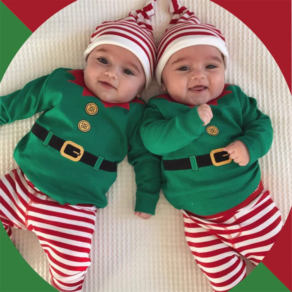 

Newest Hot Christmas Newborn Kids Baby Boys Girls Striped Rompers+Long Pants +Hat Outfits Set Fresh Clothes 3Pcs 0-24M