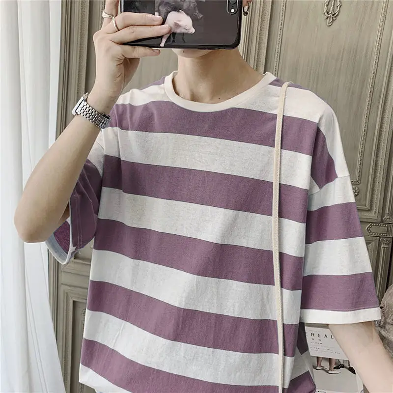 

Summer t-shirt men's stripe short sleeve Korean style loose round neck half sleeve men's and women's half sleeves