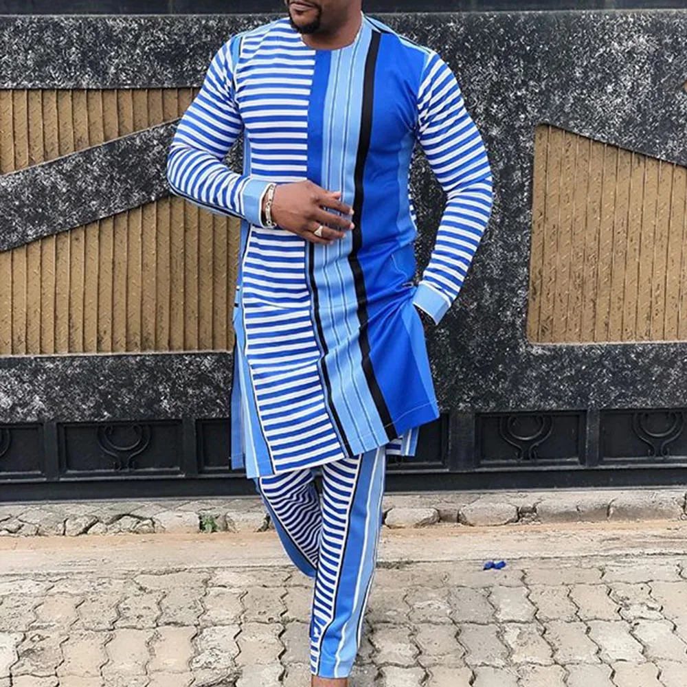 Африканские мужские полосатые футболки с принтом Модный повседневный кафтан