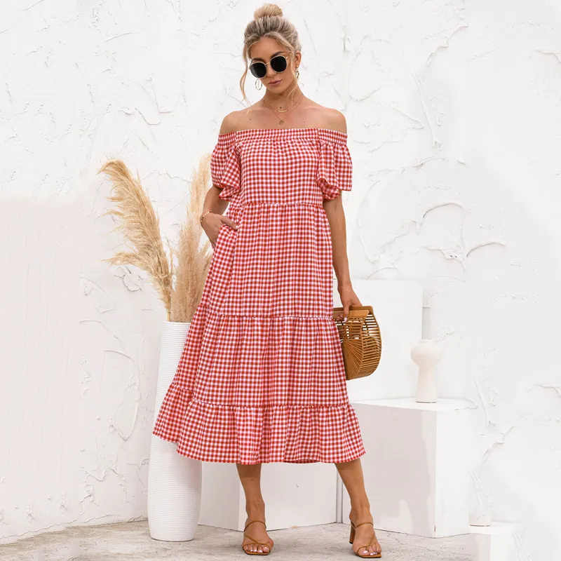 

NEW 2021 Summer Plaid Dress Sexy Slash Neck High Waist Butterfly Sleeve Ruffles Dresses Vestido
