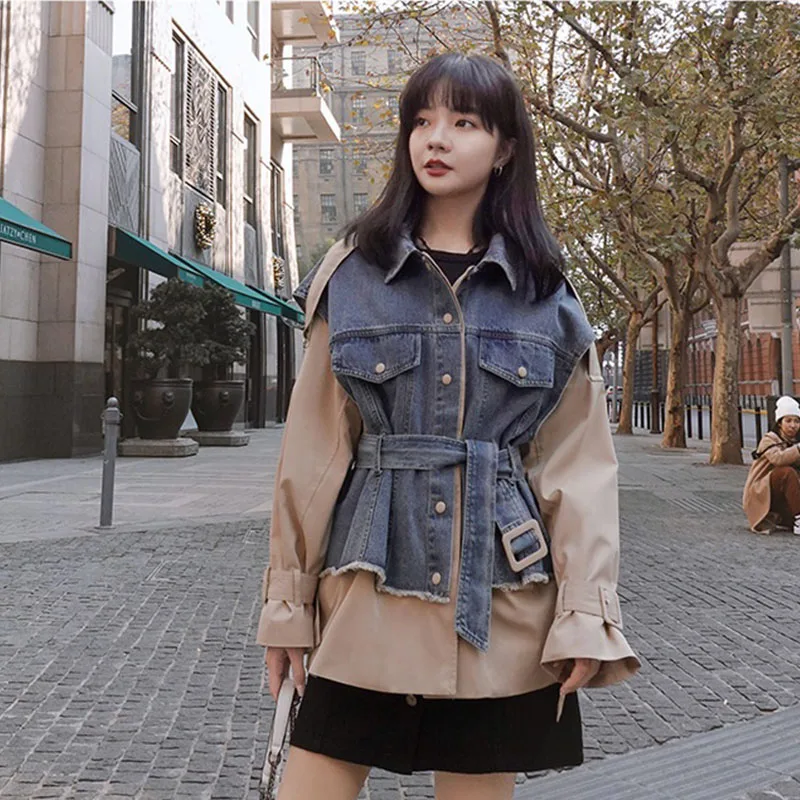 

Тренчкот женский джинсовый с поясом, модная повседневная свободная ветровка с прострочкой из синего денима, цвета хаки, осень 2022