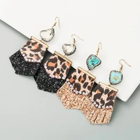 shield leopard glitter leather fringe paved crystal raw natural turquoise stone earrings for women big summer jewelry wholesale
