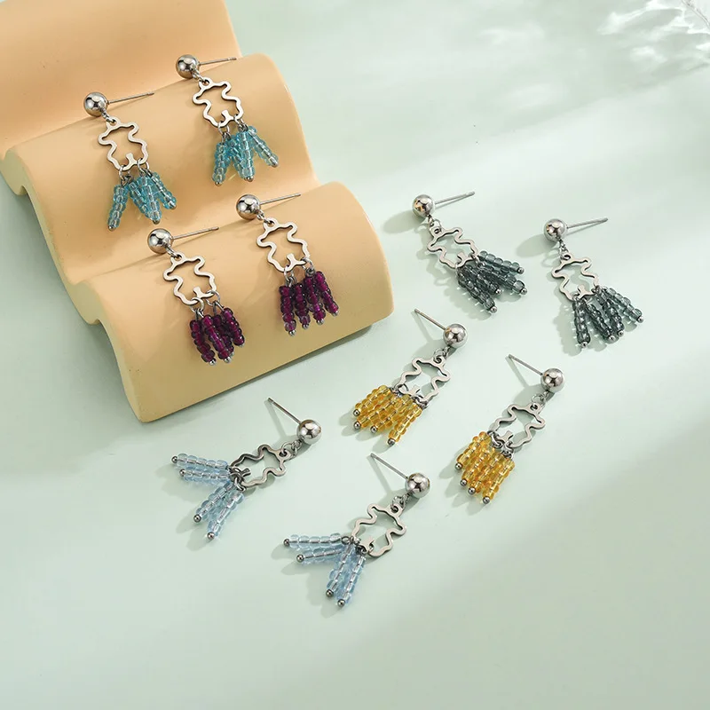 

Корейские серьги-подвески с бусинами и кисточками, серьги из нержавеющей стали в виде медведя, богемные серьги, оптовая продажа