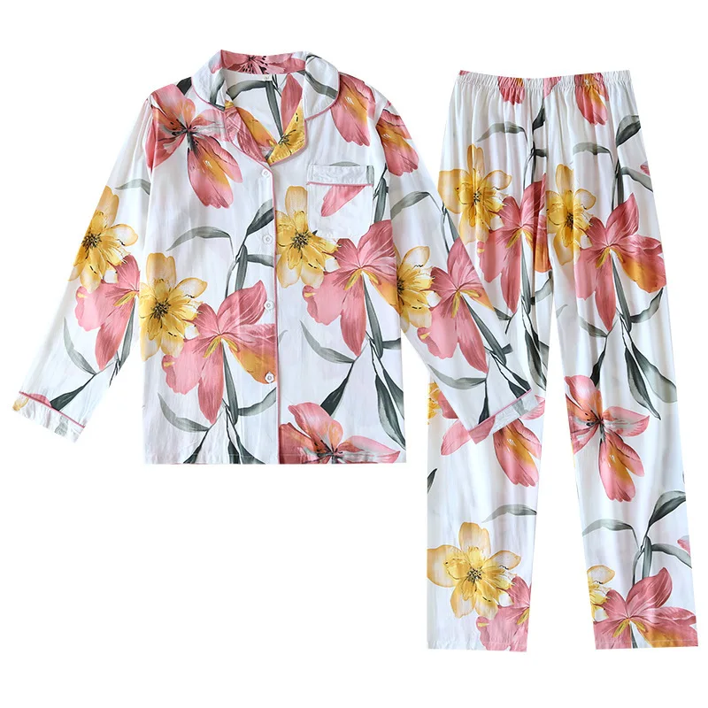 

Spring Long Sleeve Cotton Pajamas Women's Thin Loose Summer Two-piece Set Home Cartoon Flower Printed Pajama Set Ropa Mujer