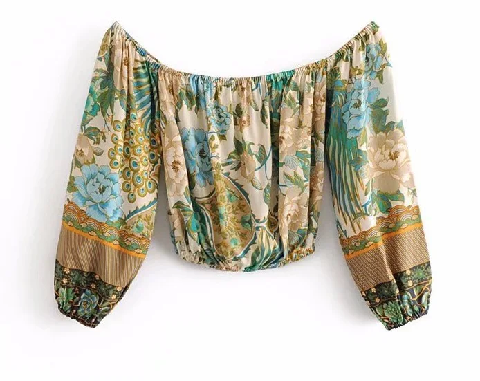 Женская блузка с принтом павлина открытыми плечами и длинными рукавами в