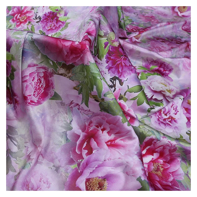 

Mulberry Silk Stretch Satin Digital Printed Fabric Spring Is Full of Garden Flower Pattern Cheongsam Dress Skirt Sewing Material