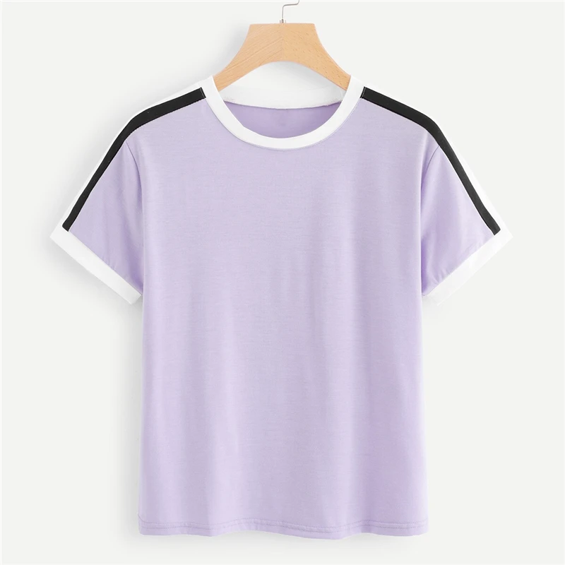 SweatyRocks Фиолетовый Круглый вырез Ringer тройник уличный с короткими рукавами Боковые Полосатые безрукавки летняя повседневная одежда для активного отдыха женские футболки