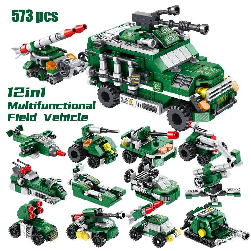 

573pcs Military Trailer Tank 12 In 1 Assembly Model Boy Assembling Building Blocks Inserting Toys Kids Car Truck Children Bricks