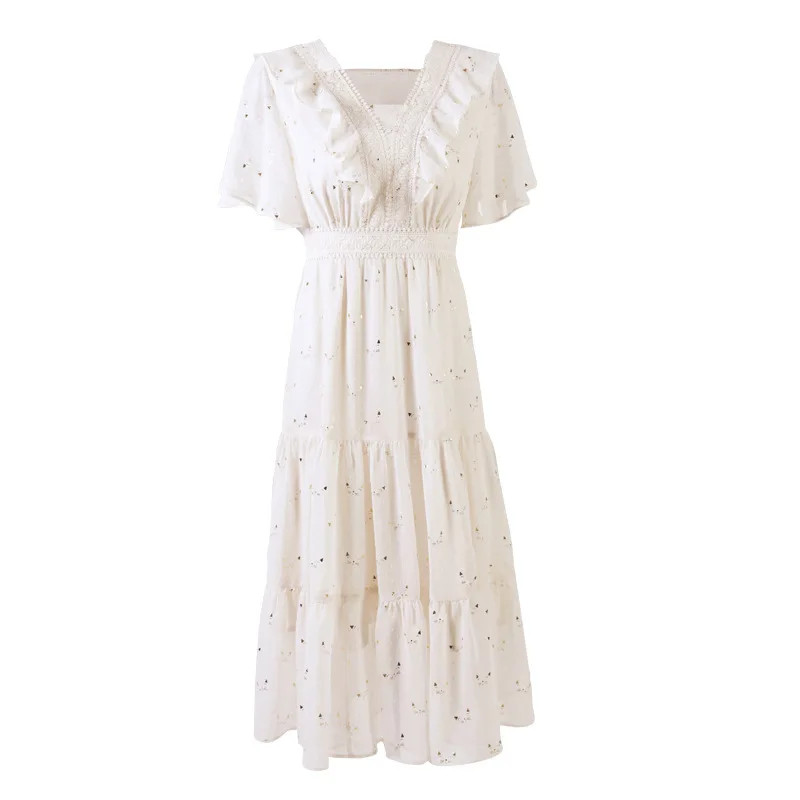 

2020 summer new women's V-neck lotus leaf short sleeve fairy high waist thin Chiffon summer dress 67111