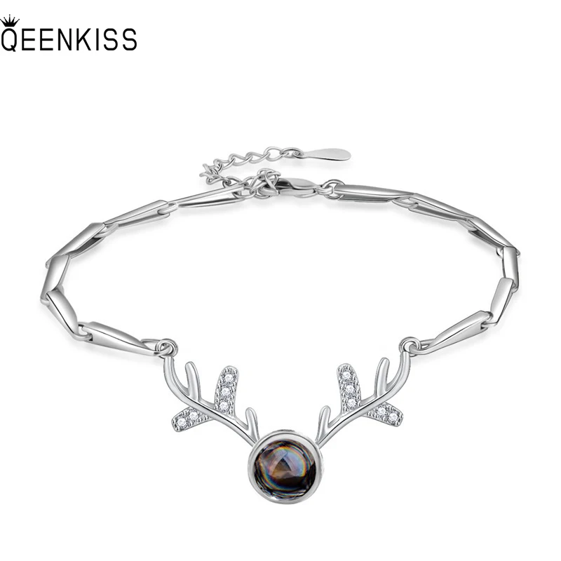 

QUEENKISS BT6133 Jewelry Wholesale Fashion Couples Birthday Wedding Gift Deer AAA Zircon 925 Sterling Silver Pendant Bracelet