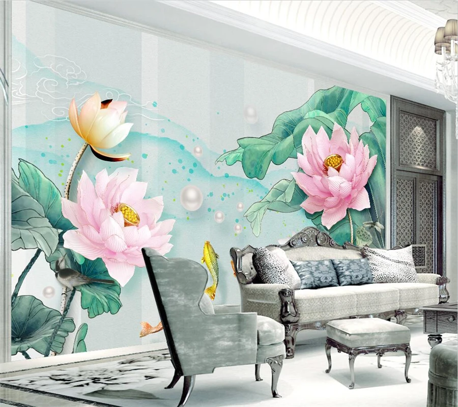 

Custom wallpaper 3D three-dimensional relief lotus mural fresh watercolor lotus leaf living room bedroom TV background wall обои