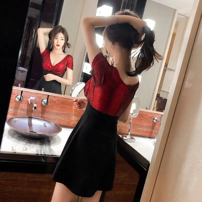 

Women's Nightclub Sauna Massager Clothes Night Workwear Low-Cut Slimming Sexy Deep V Dress