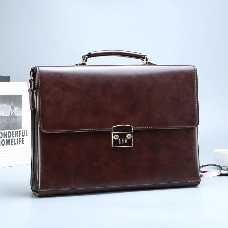

Lock Design Business Briefcase Men's Handbag High Quality Pu Leather Male Shoulder Messenger Bag Multi-pocket Luxury Hard Laptop