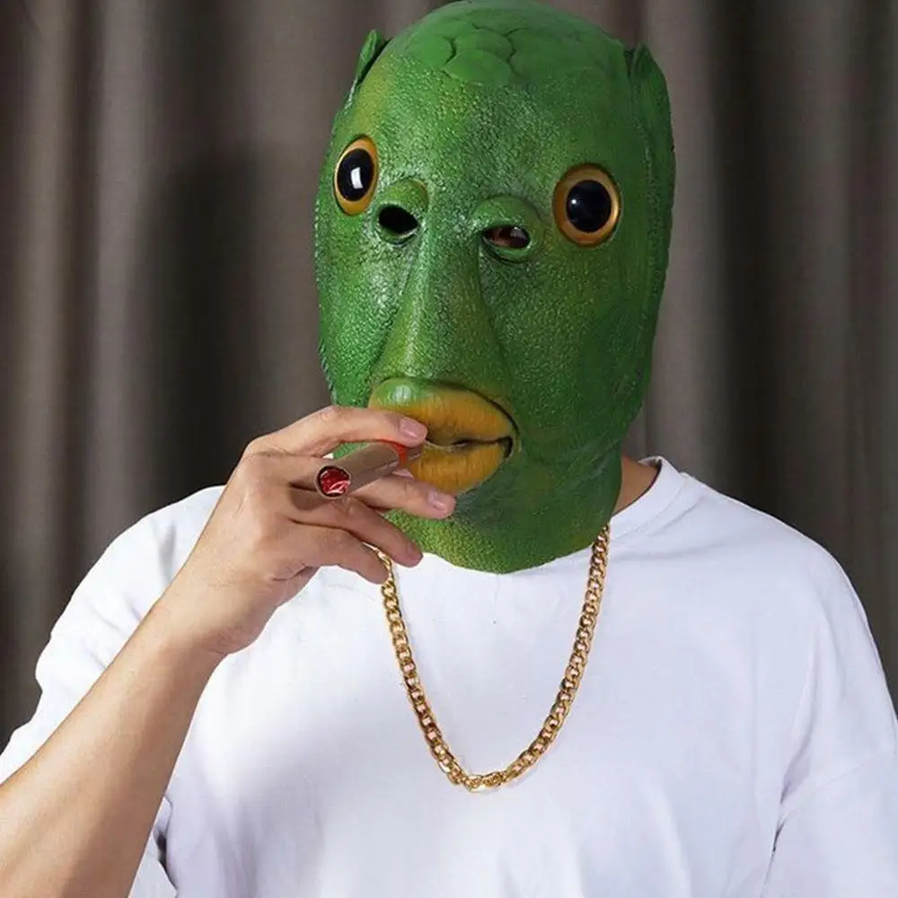 

Funny Cosplay Costume Unisex Adult Women Men Carnival Party Green Fish Head Mask Headgear Alien Emulsion Make Fun of Toys Gifts