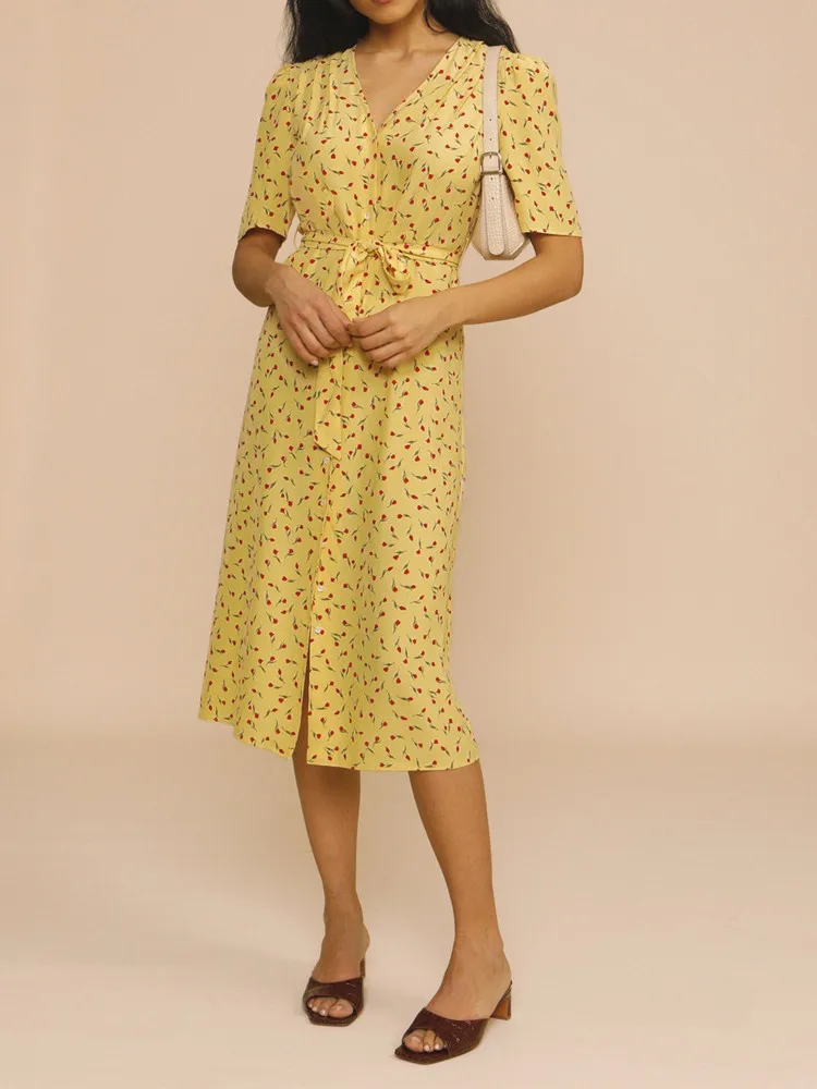 

Women Rose Floral V-Neck Midi Dress Ladies Single-Breasted Short-Sleeved Waist Lace-up Female Holiday Dresses 2021 New