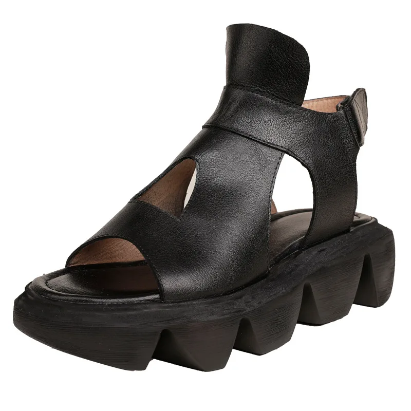 

YourSeason Retro Women Shoes Genuine Leather Summer Hook Loop Casual Handmade Women Leisure Platform Vacation Sandals Flat With